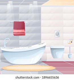 Bathroom at home interior design background. Modern room with toilet, bathtub full of water and foam with tap and shower, paper, button, towel, carpet on floor vector illustration.