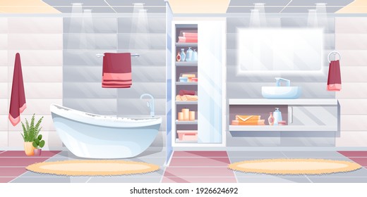 Badezimmer auf innenem Design-Hintergrund. Modernes Zimmer mit Waschbecken, Spiegel, Toilette, Badewanne mit Wasser und Schaum, Handtücher, Teppichboden auf dem Boden, Schrank mit Regalen, Vektorgrafik.