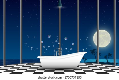 bathroom  in the house on the beach in  full moon night