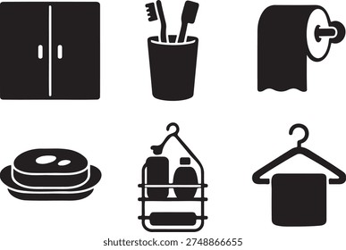 Bathroom and Household Items Icons Set - Black silhouette vector illustrations featuring essential home accessories. Collection includes wardrobe cabinet, toothbrush holder, toilet paper roll, stacked plates, shower caddy rack, and towel hanger in minimalist style. Perfect for bathroom design, home decor, hospitality industry, and interior design projects.