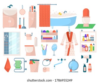 Bathroom hygiene accessories, bath personal care spa elements set isolated on white vector illustrations. Toiletries hygienic bathing products, soap, shampoo bottles, shower gel for bodycare icons.