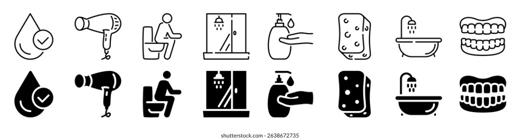 Bathroom hygiene and cleaning icon set. Linear and silhouette style.