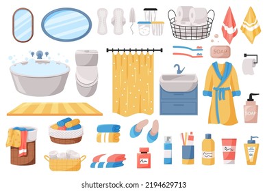 Bathroom hygiene products. Sanitary equipment. Shampoo and lotion. Personal care. Deodorant and bath soap. Shower tower. Bath curtain. Toilet paper and towels. Vector illustration set