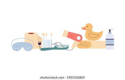 Bathroom hygiene supplies standing in row, flat vector illustration isolated on white background. Set of bath or toilet accessories for body care and bathing.