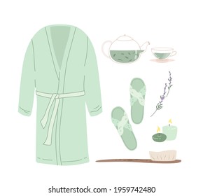Bathroom Hygiene Toiletries Set. Plush Bathrobe,Soft Slippers, Teapot, Candles, and Body Brush for Spa and Scrub Washing, Wellness salon. Colored flat vector illustration isolated on white backgtound