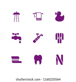 bathroom icon. 9 bathroom set with towel, tooth, tap and duck vector icons for web and mobile app