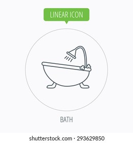 Bathroom icon. Bath with shower sign. Linear outline circle button. Vector