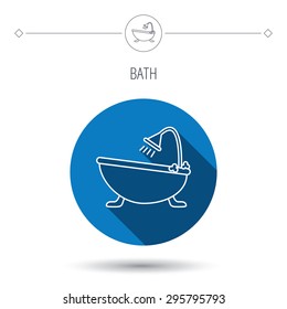 Bathroom icon. Bath with shower sign. Blue flat circle button. Linear icon with shadow. Vector