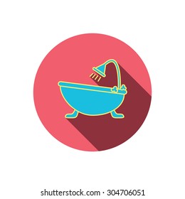 Bathroom icon. Bath with shower sign. Red flat circle button. Linear icon with shadow. Vector