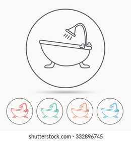 Bathroom icon. Bath with shower sign. Linear circle icons.