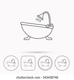 Bathroom icon. Bath with shower sign. Linear circle, square and star buttons with icons.