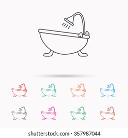Bathroom icon. Bath with shower sign. Linear icons on white background.