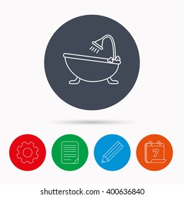 Bathroom icon. Bath with shower sign. Calendar, cogwheel, document file and pencil icons.