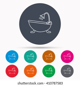 Bathroom icon. Bath with shower sign. Icons in colour circle buttons. Vector