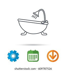 Bathroom icon. Bath with shower sign. Calendar, cogwheel and download arrow signs. Colored flat web icons. Vector