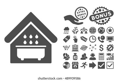 Bathroom icon with bonus pictures. Vector illustration style is flat iconic symbols, gray color, white background.