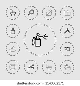 Bathroom icon. collection of 13 bathroom outline icons such as bllade razor, mirror, shower, cloth hanging, towels, toilet. editable bathroom icons for web and mobile.