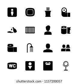 Bathroom icon. collection of 16 bathroom filled icons such as man, mirror, paper towel, shower, liquid soap, male wc, towels. editable bathroom icons for web and mobile.