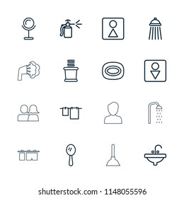 Bathroom icon. collection of 16 bathroom outline icons such as mirror, soap, cloth hanging, male wc, female wc, towels, sink. editable bathroom icons for web and mobile.