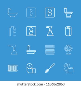 Bathroom icon. collection of 16 bathroom outline icons such as man wc, woman wc, shower, plunger, toilet, toilet brush. editable bathroom icons for web and mobile.