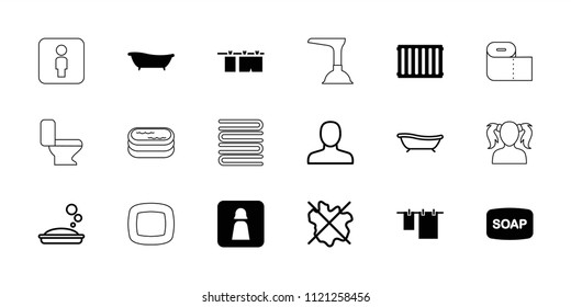 Bathroom icon. collection of 18 bathroom filled and outline icons such as soap, cloth hanging, bath, radiator, man, soap, no wash. editable bathroom icons for web and mobile.