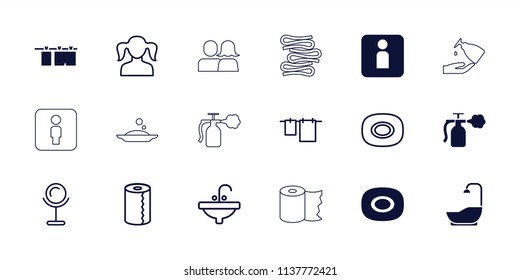 Bathroom icon. collection of 18 bathroom filled and outline icons such as soap, girl, mirror, cloth hanging, paper towel, sink. editable bathroom icons for web and mobile.