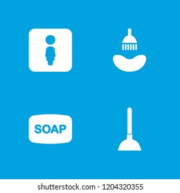 Bathroom icon. collection of 4 bathroom filled icons such as shower, female wc, soap. editable bathroom icons for web and mobile.