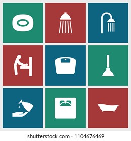Bathroom icon. collection of 9 bathroom filled icons such as baby changing room, soap, shower, floor scales, bath, plunger. editable bathroom icons for web and mobile.