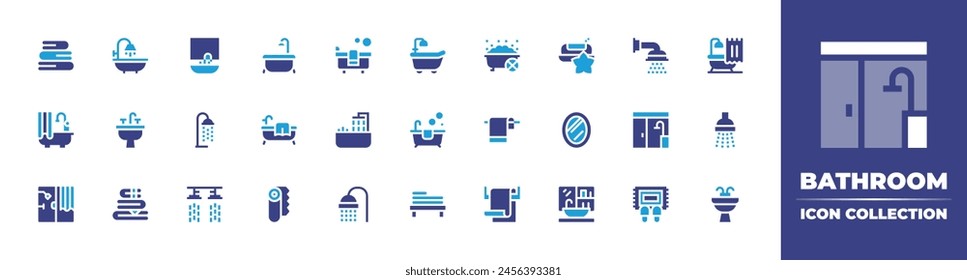 Badsymbol-Kollektion. Zweitonfarbe. Vektorillustration. Enthaltend Badewanne, Matte, Handtücher, Badezimmer, Papier, Handtuchhalter, Dusche, Spiegel, Badewanne, Waschbecken, Handtuch, Seife.