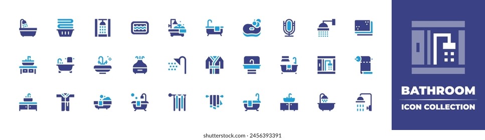 Icono de colección. Color duotono. Ilustración vectorial. Con fregadero, baño, alfombra, bañera, humidificador, toalla, ducha, bañera, albornoz, baño, jabón, cortinas, espejo.