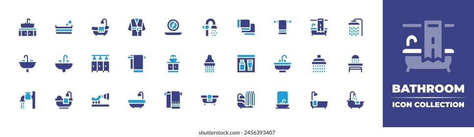 Bathroom icon collection. Duotone color. Vector illustration. Containing sink, bath, bathtub, towel rack, showers, washbasin, bathroom, shower, toothbrush, wash basin, bathrobe, towel.