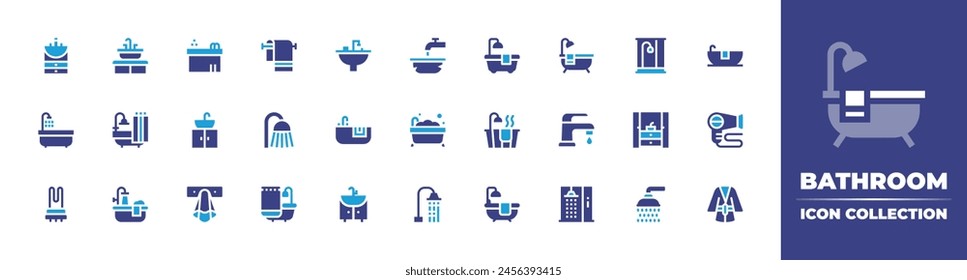 Bathroom icon collection. Duotone color. Vector illustration. Containing shower, tap, bathtub, sink, bath, hygienic, bathroom, jacuzzi, heated towel rail, basin, washbasin, towel.