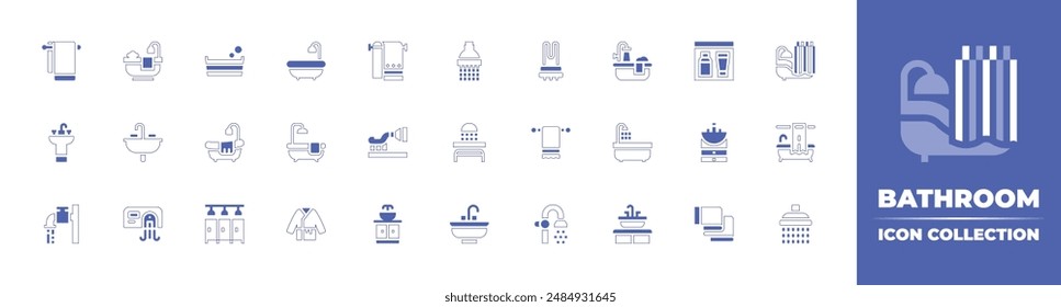 Bathroom icon collection. Duotone style line stroke and bold. Vector illustration. Containing bathtub, bath, towel rack, showers, bathroom, bath robe, sink, toothbrush, wash basin, towel.