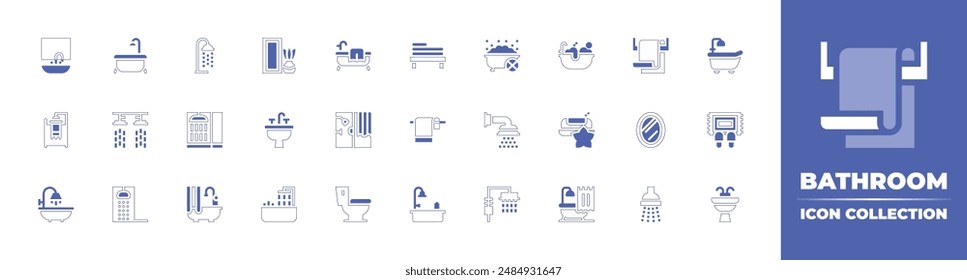 Bathroom icon collection. Duotone style line stroke and bold. Vector illustration. Containing toilet, bathtub, mat, shower, bathroom, towel rail, mirror, bath, sink, towel, soap.