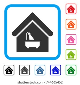 Bathroom icon. Flat gray pictogram symbol inside a blue rounded frame. Black, gray, green, blue, red, orange color variants of Bathroom vector. Designed for web and application user interface.