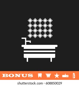 Bathroom icon flat. White pictogram on black background. Vector illustration symbol and bonus button tooth, vase, star, mirror, bottle