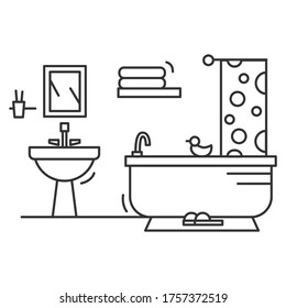 Bathroom Icon. Linear Pictogram Of Comfortable Bathroom With Bathtub, Sink, Shower, Curtain Towels And Rubber Duck. House Design And Modern Home Bath Room Interior Illustration. Editable Stroke Vector