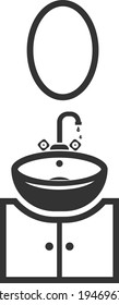 Bathroom icon with mirror, shelf, and sink. Black silhouette. Vector illustration isolated on a white background. A symbol for website design, logo icon, application, user interface.