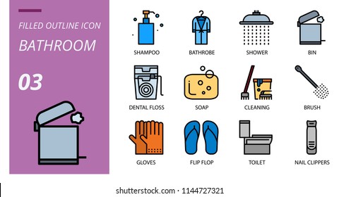 Bathroom icon pack filled outline style. Icons for bathroom, shampoo, bathrobe, shower, bin, dental floss, soap, cleaning, brush, gloves, flip flop, toilet, nail clippers.