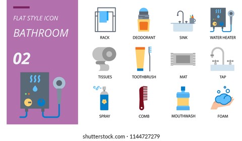 Bathroom icon pack flat style. Icons for bathroom, rack, deodorant, sink, water heater, tissues, toothbrush, mat, tap, spray, com, mouthwash,foam.