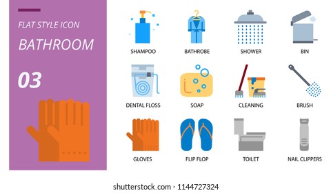 Bathroom icon pack flat style. Icons for bathroom, shampoo, bathrobe, shower, bin, dental floss, soap, cleaning, brush, gloves, flip flop, toilet, nail clippers.