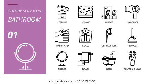 Bathroom icon pack outline style. Icons for bathroom, perfume, sponge, mirror, hair dryer, wash hand,scaler, dental floss, plunger, mirror, towel, bath,electric razor.
