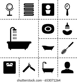 Bathroom icon. set of 13 filled bathroomicons such as man wc, shower, soap, man, bllade razor, mirror, towels, toilet brush, floor scales