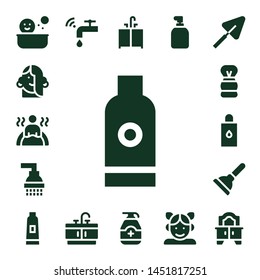 bathroom icon set. 17 filled bathroom icons.  Collection Of - Shower, Girl, Bath, Shampoo, Shaving brush, Body oil, Plunger, Toothpaste, Faucet, Bathroom, Sink, Gel, Soap, Trowel