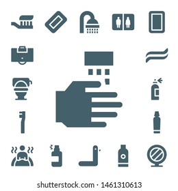 bathroom icon set. 17 filled bathroom icons.  Simple modern icons about  - Toothbrush, Area, Toilet, WASHING HANDS, Toothpaste, Spray bottle, Bath, Soap, Spray, Shower, Duck, Bathroom