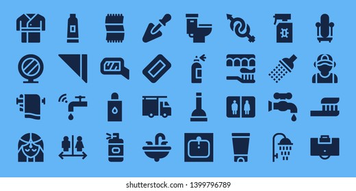 bathroom icon set. 32 filled bathroom icons. on blue background style Collection Of - Robe, Mirror, Towel, Girl, Toothpaste, Napkin, Faucet, Wc, Body oil, Spray bottle, Trowel