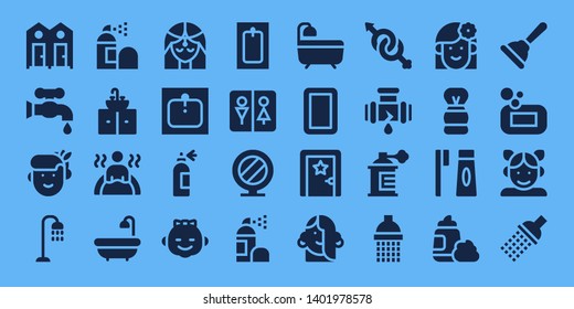 bathroom icon set. 32 filled bathroom icons. on blue background style Simple modern icons about  - Dressing room, Faucet, Woman, Shower, Spray, Sink, Bath, Girl, Spray bottle