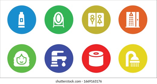 bathroom icon set. 8 filled bathroom icons.  Simple modern icons such as: Toothpaste, Woman, Mirror, Faucet, Wc, Tissue, Shower