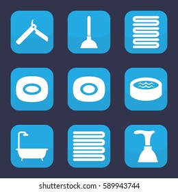 bathroom icon. Set of 9 filled bathroom icons such as towels, soap, bllade razor, plunger, shower