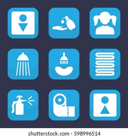 bathroom icon. Set of 9 filled bathroom icons such as girl, shower, towels, paper towel, liquid soap, Male WC, female WC